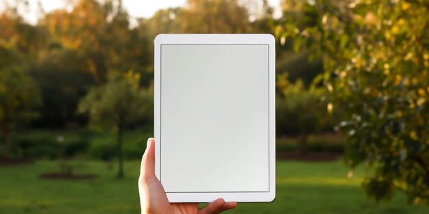 tablet com tela em branco e flor em mesa de madeira em uma cafeteria