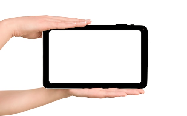 Tablet-Computer in den weiblichen Händen auf lokalisiertem weißem Hintergrund
