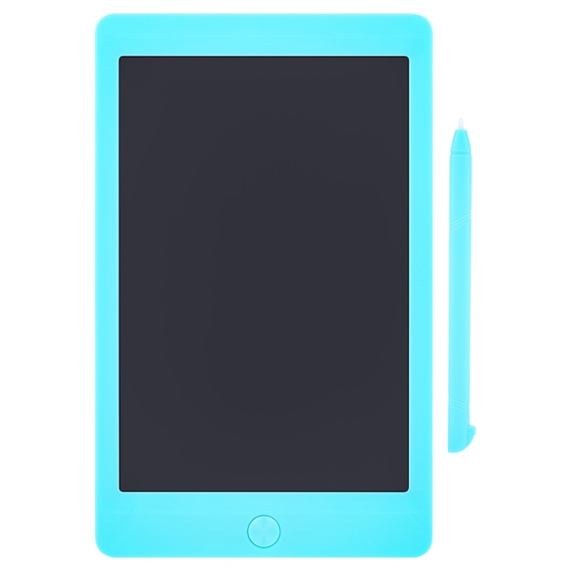Foto tablet de desenho azul e caneta isolados em um fundo branco. tablet com tela em branco de toque preta, maquete.