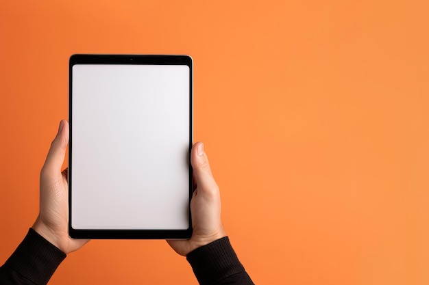 Tablet de mão com tela em branco isolada em fundo laranja com espaço para cópia