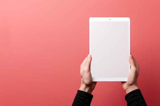 Tablet de mão com tela em branco isolada em fundo vermelho com espaço de cópia