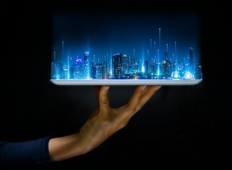 Tablet de mão para construir e fazer sua cidade inteligente Construção inteligente de paisagem urbana Tela de holograma urbano futurista no conceito de internet virtual das coisas e tecnologia de conexão de rede global