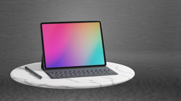 Tablet de tela grande com teclado caso colocado na mesa circular de mármore e fundo cinza. imagem de renderização 3d.