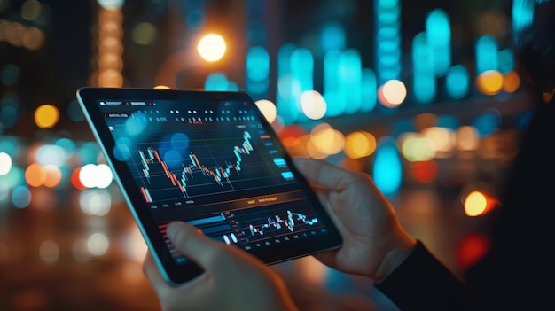 Tablet digital de mão exibe dados do mercado de ações com gráficos e gráficos para analisar e verificar antes de negociar ações on-line