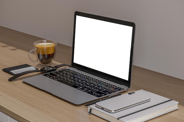 Tablet digital de tela branca em branco com equipamento de trabalho colocado na mesa do escritório