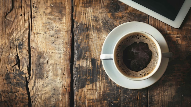 Tablet digital e xícara de café em velha mesa de madeira Espaço de trabalho simples ou pausa para café pela manhã Foco seletivo