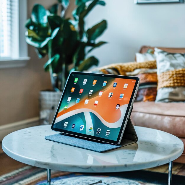 Tablet digital em uma mesa de mármore branco em uma sala de estar