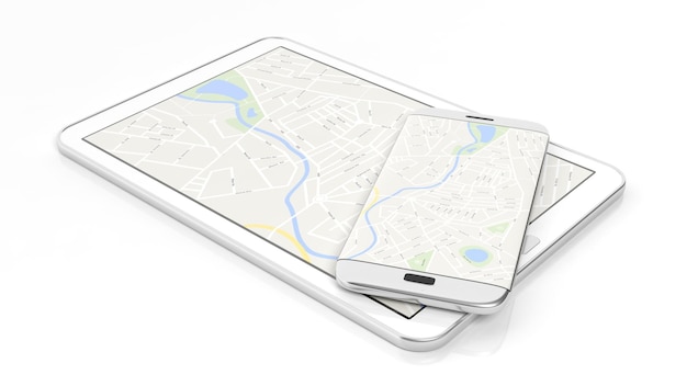 Foto tablet e smartphone com mapa na tela isolado no fundo branco