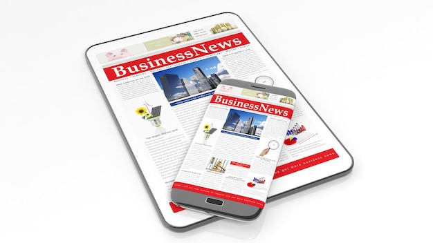Tablet e smartphone com site de notícias de negócios na tela isolada em fundo branco