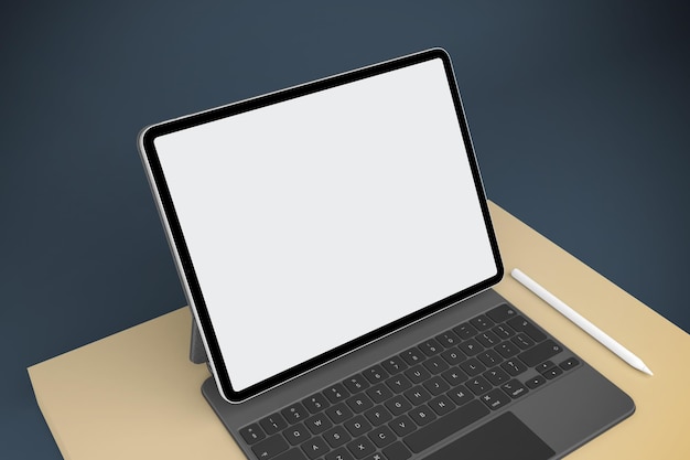 Tablet e teclado mágico lado esquerdo em fundo azul