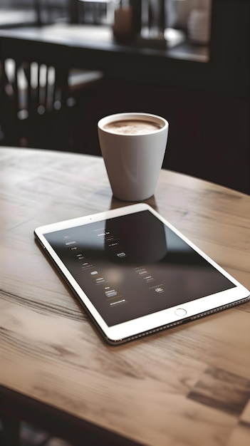 Foto tablet e xícara de café em uma mesa de madeira em uma cafeteria