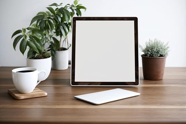 Foto tablet em branco na estação de trabalho criativa de maquete de mesa de madeira