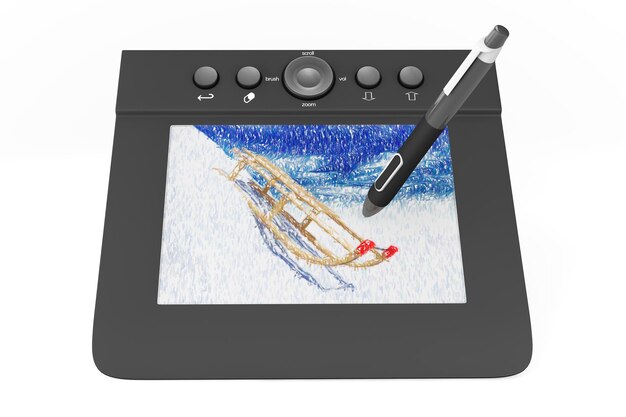 Foto tablet gráfico digital com caneta e trenós desenhando em um fundo branco