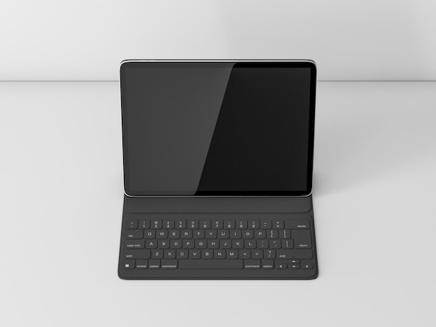 Tablet Mockup com estojo de teclado na prateleira branca, renderização em 3d