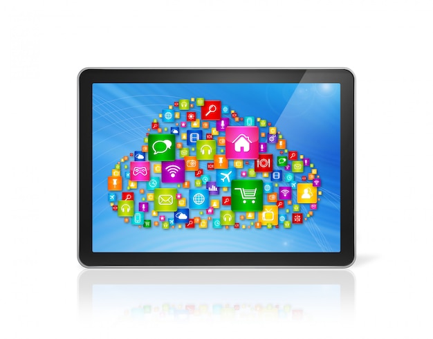 Tablet PC digital y símbolo de computación en la nube