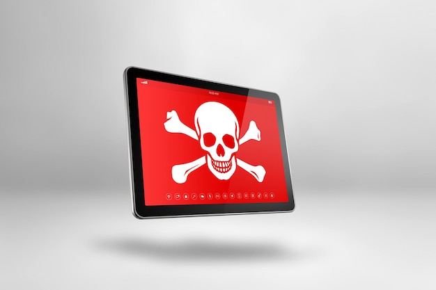 Tablet PC digital con un símbolo pirata en la pantalla Concepto de piratería y virus