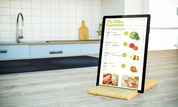 Tablet-PC mit Online-Supermarkt auf dem Bildschirm auf Kochinsel bei Küche 3D-Rendering