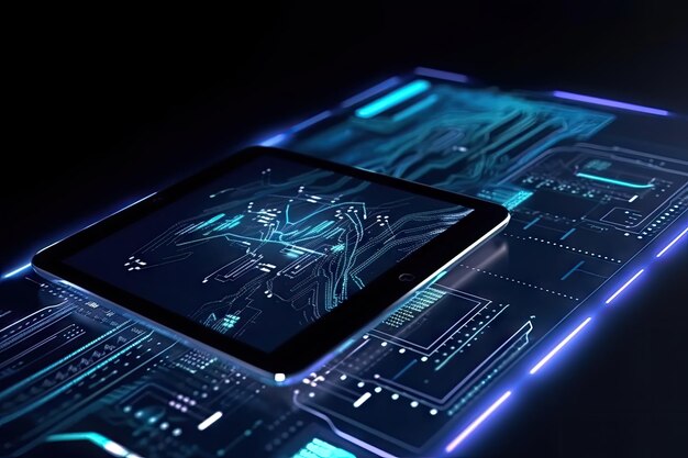 Tablet pego no redemoinho de nanotecnologia de dados e inteligência artificial