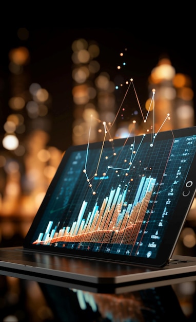 La tableta 3D muestra una flecha de crecimiento virtual en un fondo digital con datos financieros Vertical Mobile Wa