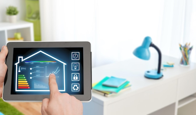 tableta con ajustes de hogar inteligente en la pantalla