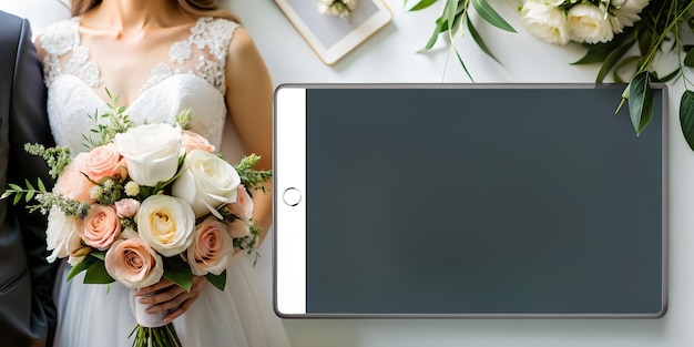 Foto una tableta blanca con una imagen de una novia y un ramo de flores