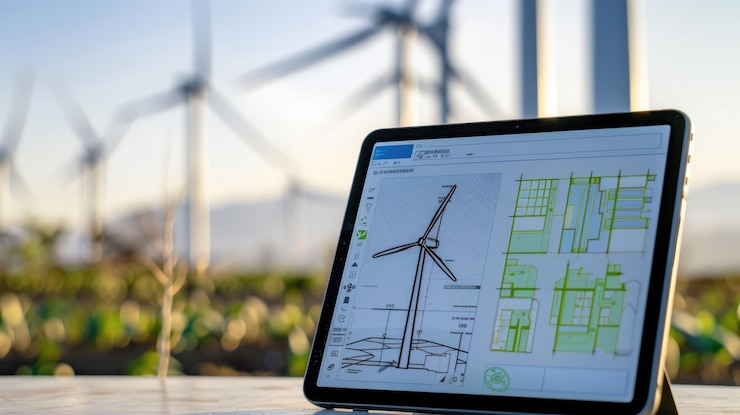 Una tableta con un dibujo de una turbina eólica