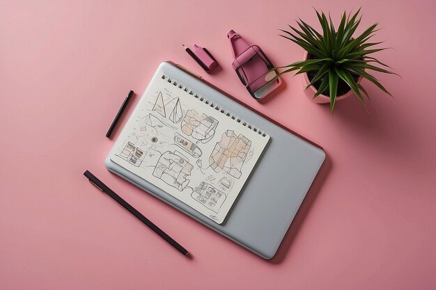 Tableta digital gráfica y papelería sobre un fondo rosado