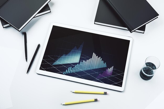 Tableta digital con gráfico financiero abstracto concepto de finanzas y comercio Vista superior Representación 3D