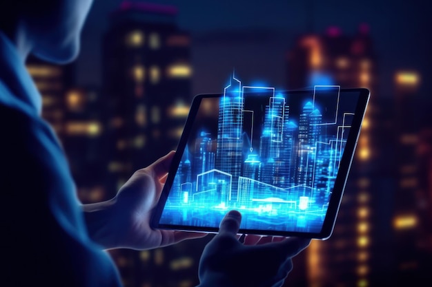 Tableta digital y un holograma de edificios modernos Ilustración AI GenerativexA