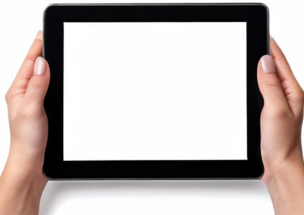 Tableta digital de mano cortada sobre un fondo blanco