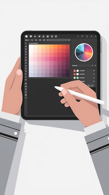Tableta digital y manos dibujando en ella editor gráfico interfaz paleta y rueda de colores dibujos animados