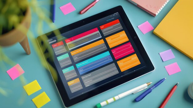 Una tableta digital que muestra una aplicación de gestión de proyectos con notas adhesivas y bolígrafos alrededor