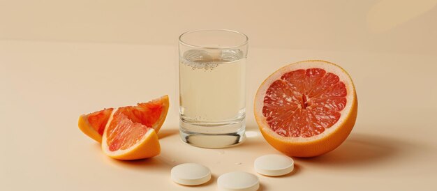 Foto tableta efervescente de vitamina c disuelta en agua junto a un pomelo sobre un fondo beige