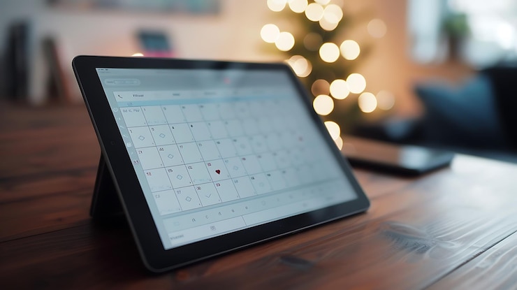 Foto una tableta está abierta a una página que dice calendario en ella