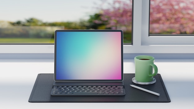 Tableta con estuche para teclado, lápiz y taza de café verde sobre hoja de cuero negro en la mesa y el fondo de las ventanas imagen de renderizado 3d.