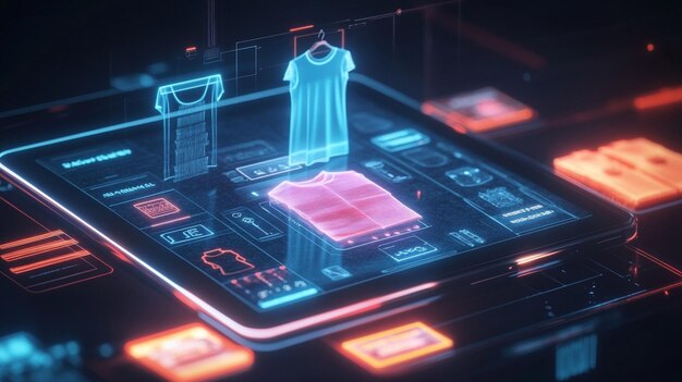 Una tableta futurista elegante que muestra una interfaz de compras en línea holográfica