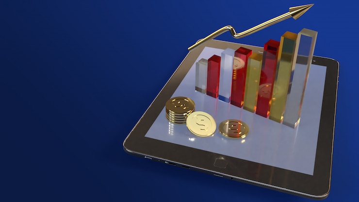 Foto tableta y gráfico de representación 3d para contenido empresarial.
