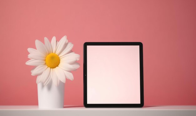 Una tableta junto a una flor en una mesa