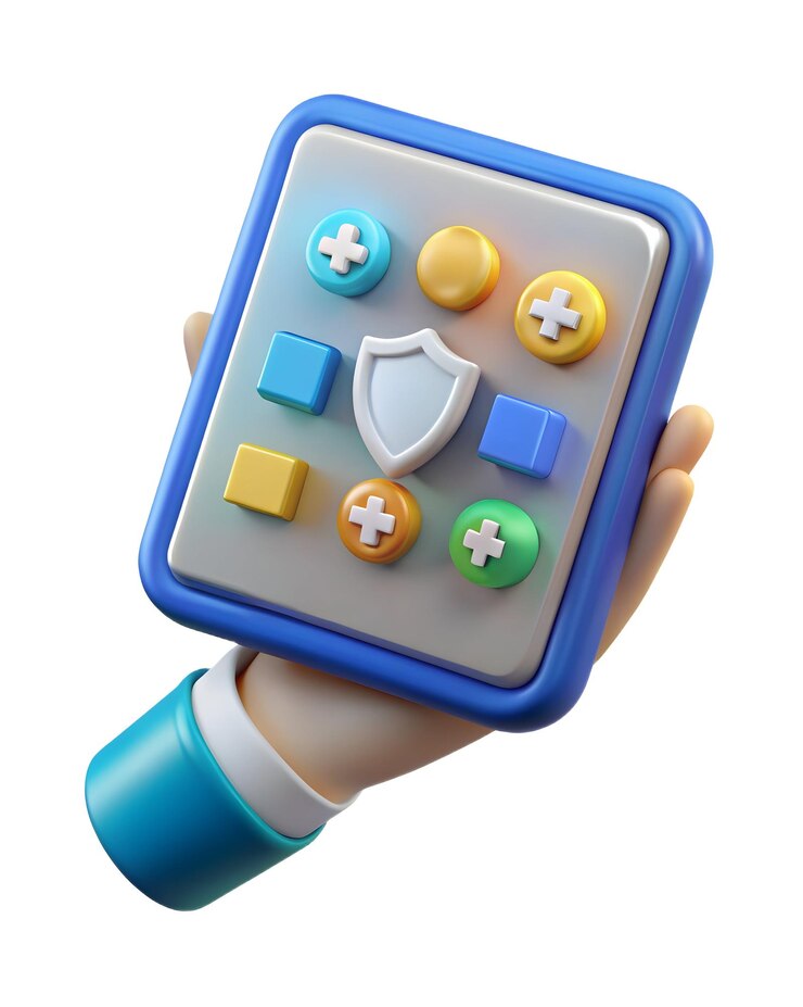 Foto tableta de mano 3d con iconos de seguridad brillantes para el concepto de sharad purnima en fondo blanco