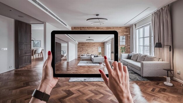 Tableta de mano con aplicación de realidad aumentada utilizada para simular muebles y productos de diseño