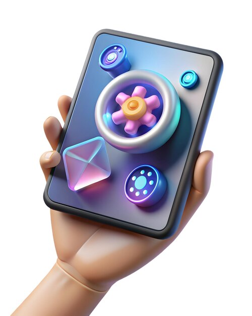 Tableta de mano con íconos holográficos de IA y robótica en un fondo blanco
