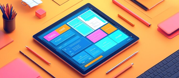 Foto una tableta con una pantalla azul brillante y azulejos de aplicaciones de colores se sienta en un escritorio naranja con lápices de colores y un teclado