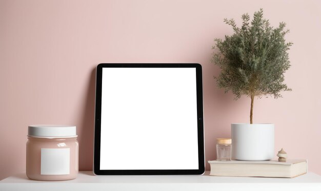 Una tableta con una pantalla blanca se encuentra en un estante junto a libros y una planta.