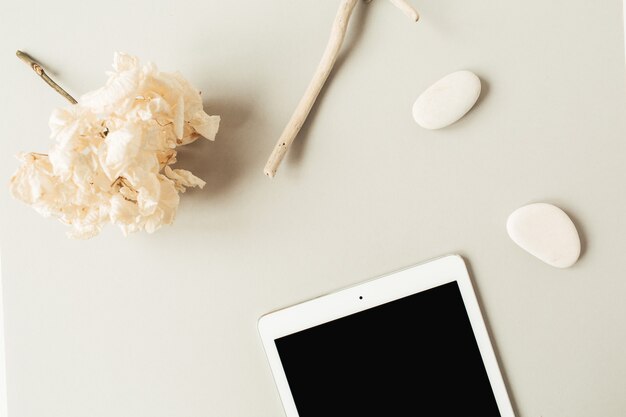 Tableta de pantalla en blanco con espacio de copia, piedras, rama, flor de hortensia