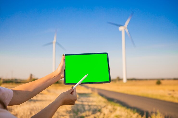 Tableta de pantalla verde en el fondo de los molinos de viento. Clave de croma. molinos de viento energía verde