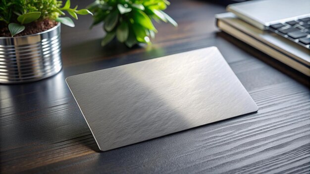 una tableta de plata con una cubierta de plata se sienta en una mesa con una planta en maceta