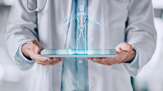 Tableta de primer plano y médico con holograma cuerpo humano y atención médica con análisis científico e investigación Persona holográfica profesional médico o cirujano con anatomía biotecnológica e innovación