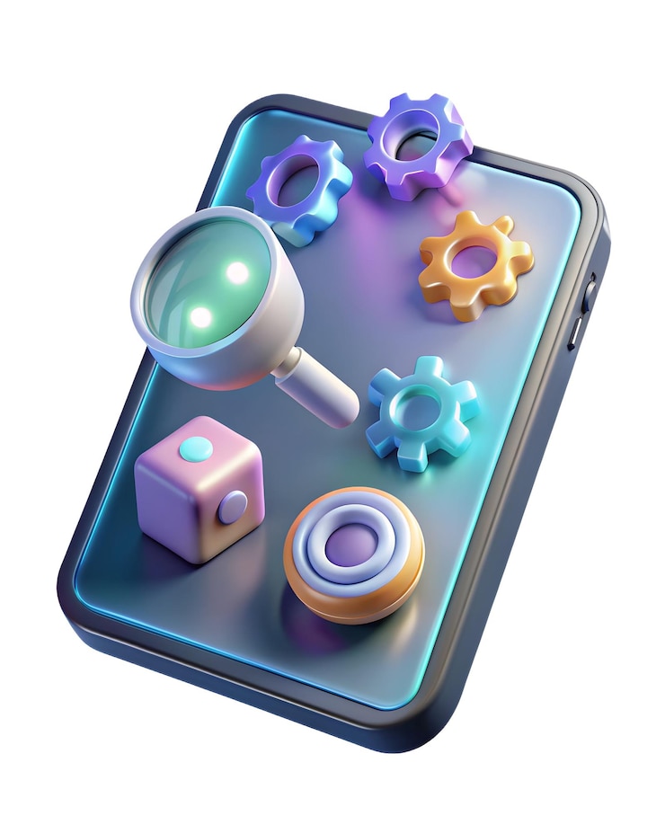 Foto tableta que muestra iconos holográficos de ai qa y certificación en una configuración de escritorio minimalista holo brillante