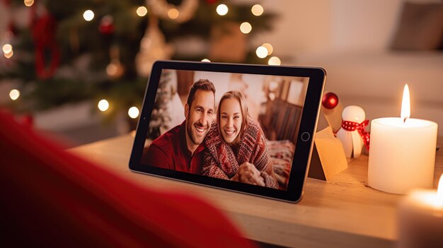 Foto una tableta que muestra a una persona sonriente con luces y decoraciones navideñas en el fondo que simbolizan la alegría navideña y la conectividad digital