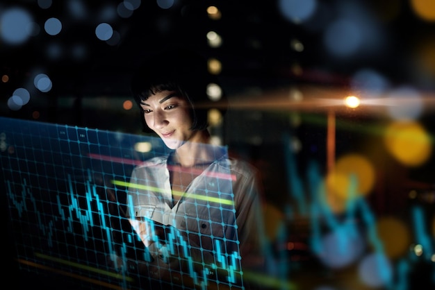 Tableta y tablero de mujer de negocios en la noche del comercio de valores o gráficos y datos de gráficos en la oficina Comerciante o corredora que trabaja hasta tarde en tecnología comprobando análisis de tendencias o estadísticas